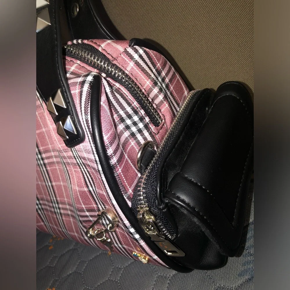 Plaid Pink Stud-Accent Satchel Handbag